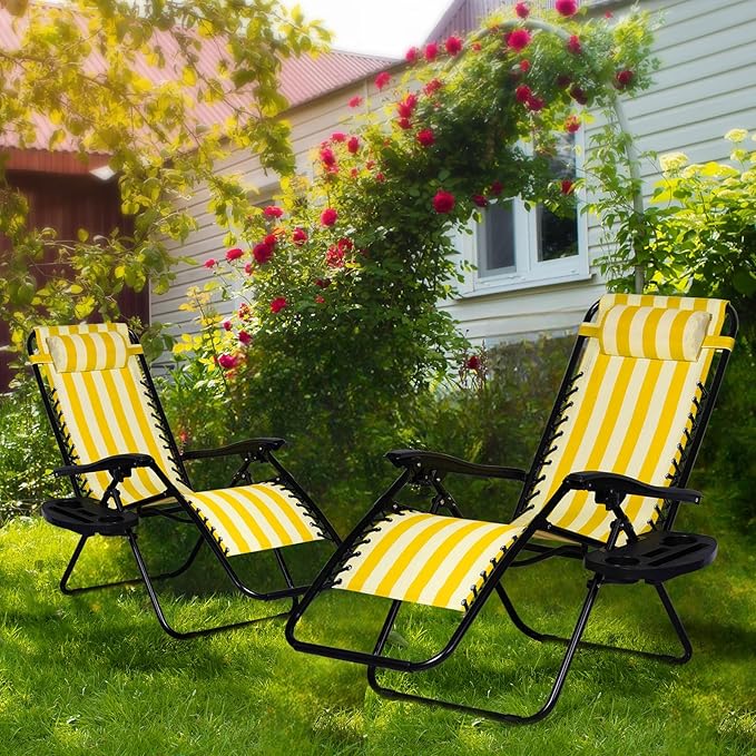 Nazhura Set of 2 Relaxing Recliners Patio Chairs Adjustable Steel Mesh Zero Gravity Lounge Chair Beach Chairs with Pillow and Cup Holder (Yellow Stripe)