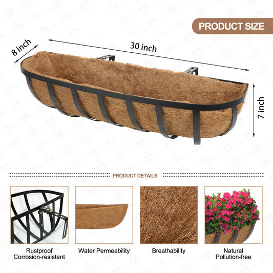 HUNIKC 30 Inch 2 Packs Window Boxes Planters Railing Planter Box with Adjustable Brackets for Porch Fence Patio Balcony Hanging Flower Baskets with Coco Liners for Outdoor Garden Décor(30IN/2Packs)