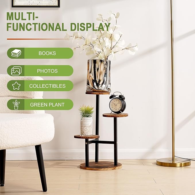 VECELO 3 Tier Plant Stand Indoor Outdoor, Tall Metal Wood Flower Shelf for Multiple Plants, Small Tiered Round Corner Display Rack, Planter Pot Holder for Patio Garden Balcony Living Room Bedroom