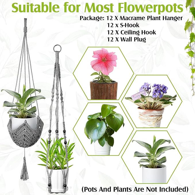 Hoteam 12 Pcs Macrame Plant Hangers Macrame Hanging Planters for Indoor Plants Handmade Boho Hanging Baskets Flower Pots Holder for Outdoor Home Wall Decor