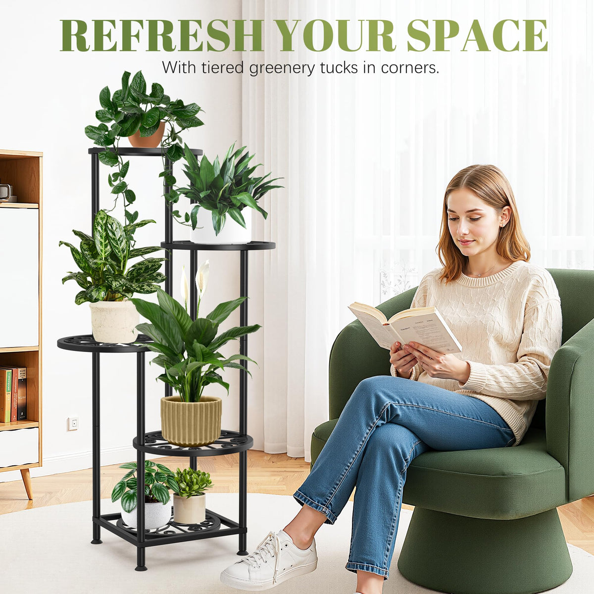 YOCOMEY 5 Tier Plant Stand Indoor Outdoor, Metal Shelf Holder Corner Black