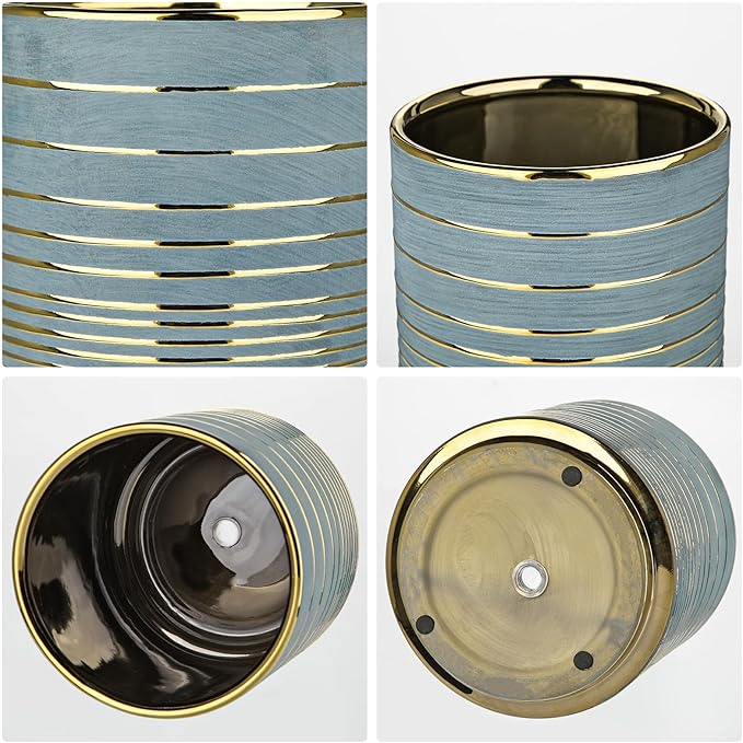 Grey Ceramic Plant Pots, 5.5 + 6.2 Inch Gold Striped Planter for Plants, Modern Flower Pots for Home and Office, Indoor Planters with Drainage Set of 2