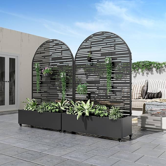 Casaphoria Metal Raised Garden Bed with Trellis and Wheels, 72"x47"x16" Arched Planter Box for Climbing Plants, Vegetables & Vines, Features Drainage Holes and Privacy Screen (Black-Shine)