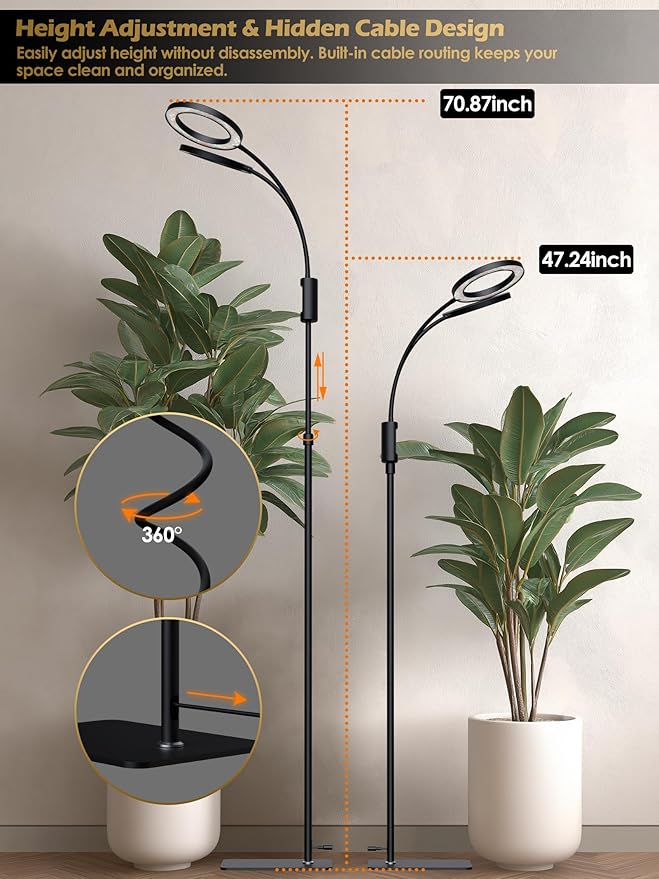 Smart Grow Lights for Indoor Plants,48W 2-Head Plant Light with Auto-Timer, Full Spectrum LED Grow Light, Adjustable Height & Stepless Dimming,Plant Assistant Suitable for Most Plants (Black, 48W)