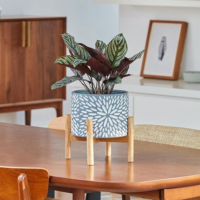 LA JOLIE MUSE Ceramic Planter with Wood Stand - 8 Inch Unique Modern Flower Pots Indoor with Wood Planter Holder and Drainage, Frost Gray