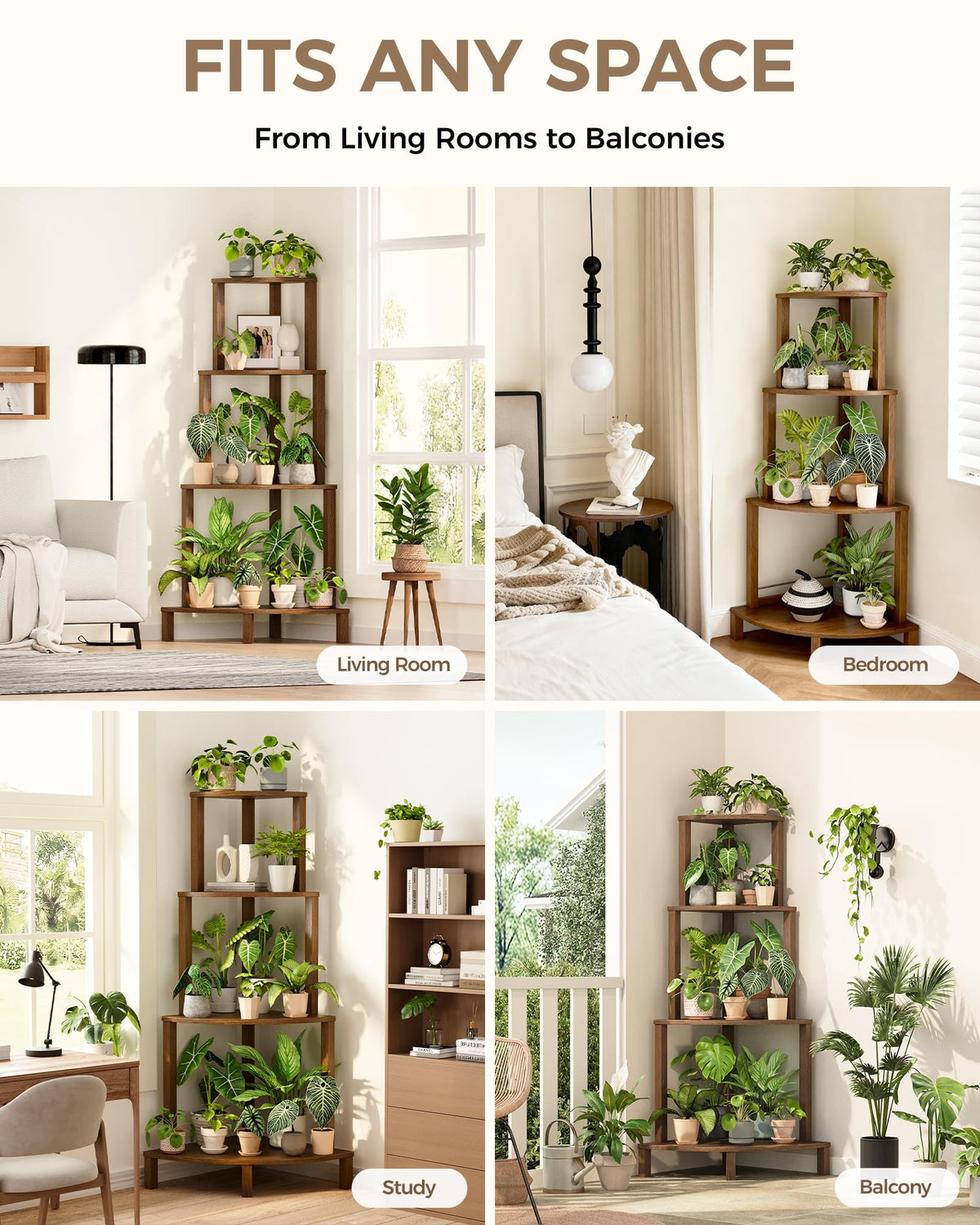 Bamworld Corner Plant Shelf 4-Tier Plant Stand Indoor Wood Plant Rack