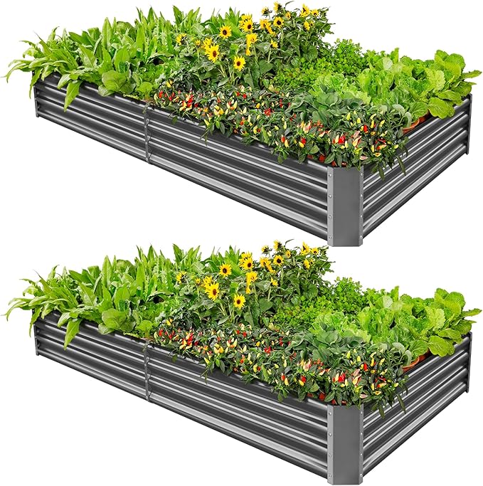 Land Guard 2 Pack 8×4×1ft Galvanized Metal Raised Garden Bed, Metal Planter Kit Box Outdoor for Deep-Rooted Vegetables, Flowers, Green and Herbs (Mid-Grey)