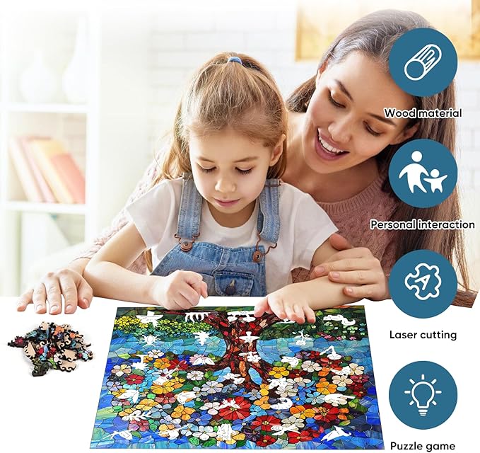 Delobil Jigsaw Puzzles, Flower Tree Wooden Puzzles for Adults, 200 Piece Unique Shaped Stained Glass Puzzle for Kids, Plant Art Birthday Gifts Family Game, 11.2 x 11.2 Inches