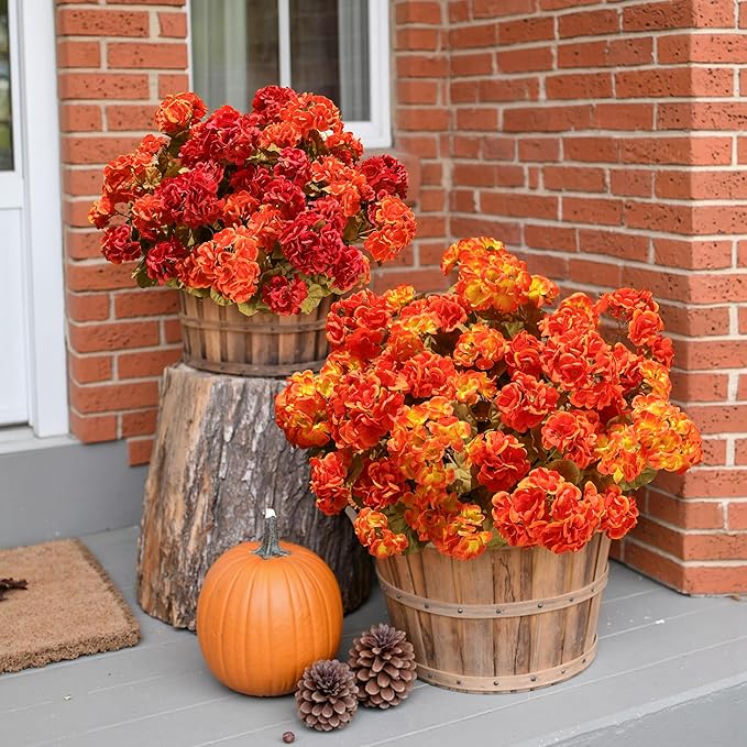 Fake Geraniums Artificial Flowers for Outdoors Fall Autumn Decoration, 6 Bundles Silk Geraniums Look Real Faux Fall Flowers Plants for Front Door Garden Planter Patio Balcony Yard Home Indoor, Mix