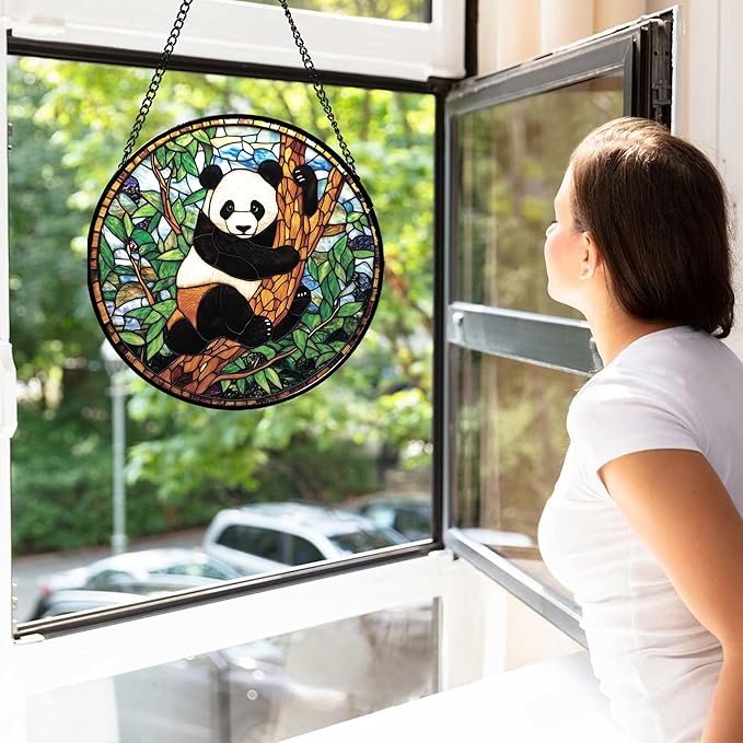 Stained Glass Window Hanging - Cute Panda Suncatcher for Doors Garden Patio Sun Catchers Decor Christmas Mother's Day Birthday Teenager Gifts for Women Men Mom Nana Friend 6.3 in