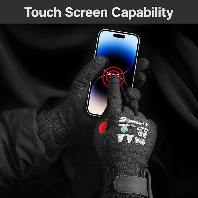 FreezeGuard Winter Work Gloves for Men and Women, ANSI A6 Cut Resistant Gloves With Super Grip, Freezer Glove for Work, Touchscreen, Thermal Insulated, PR3388, Non PFAS, Black Knight (L, 1 Pair)