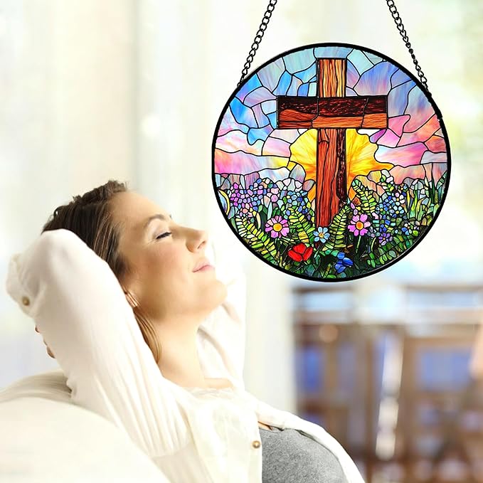 JOSUMALY Christian Gifts for Women - Cross Stained Glass Window Hanging Jesus Easter Colorful Wildflowers Sun Catcher Garden Religion Decor Mother's Day Catholic Gift for Men Grandma Mom Her 9.8"