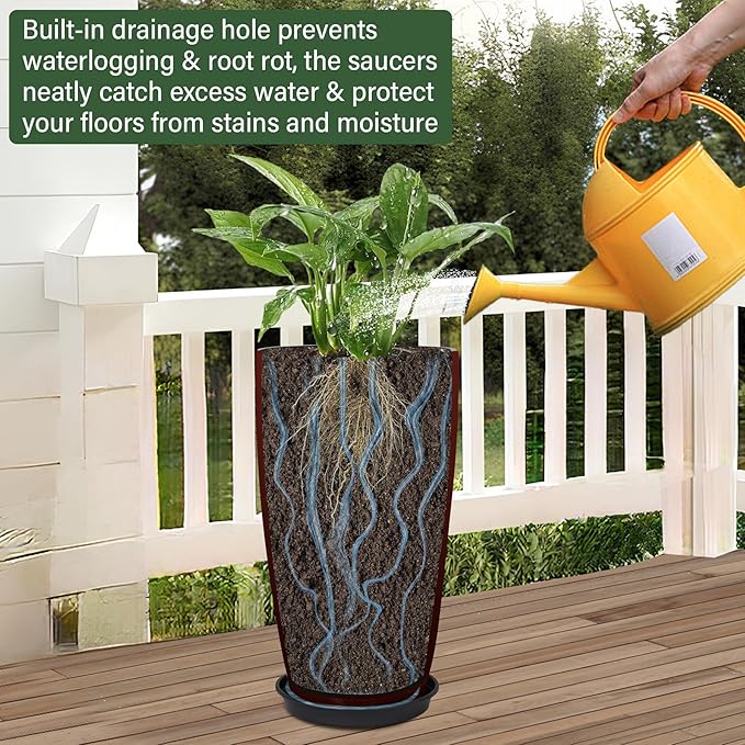 Neoaider 24/21/12 Inch Large Plastic Planter, Lightweight Ceramic-Look Tall Planters with Drain Hole & Saucers, Tall Plastic Planters for Porch, Garden, Patio, Balcony(Fiery Red)