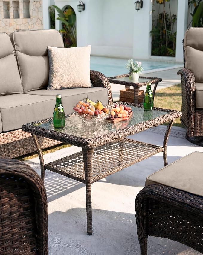 Belord Upgraded 6“ Cushion Luxury 5 Piece Patio Furniture Set - High Back Outdoor Furniture Set with Swivel Rocker Patio Chairs, All-Weather Wicker Conversation Set for Deck Porch Yard - Brown/Beige