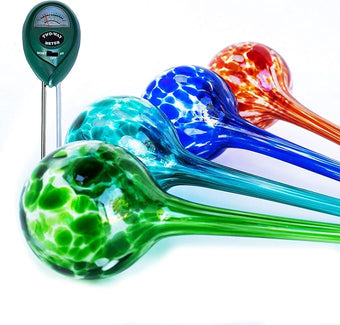 Cotswold Homeware Co Plant Watering Globes - Plant Watering Devices - Plant Watering Bulbs - Self Watering Spikes -Decorative Hand Blown Glass - Watering Bulbs - Free Moisture Meter 4 Large Size