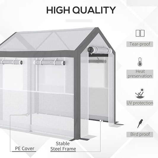 Outsunny 8' x 6' x 7.5' Walk-in Greenhouse, Outdoor Gardening Canopy with 6 Roll-up Windows, 2 Zippered Doors & Weather Cover, White