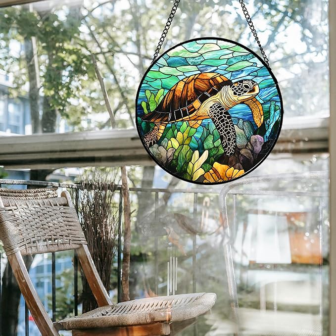 HWRHTR Stained Glass Window Hanging - Cute Sea Turtle Suncatcher for Door Garden Yard Blue Ocean Sun Catchers Decor Christmas Mother's Day Birthday Children's Gifts for Women Mom Nana Friend 11.8 in
