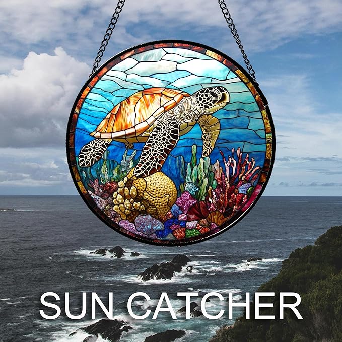 Stained Glass Window Hanging Blue Sea Ocean Coral Turtle 9.8" - Suncatcher Door Garden Sunroom Sun Catcher Home Decor Birthday Christmas for Mom Men Woman Nana