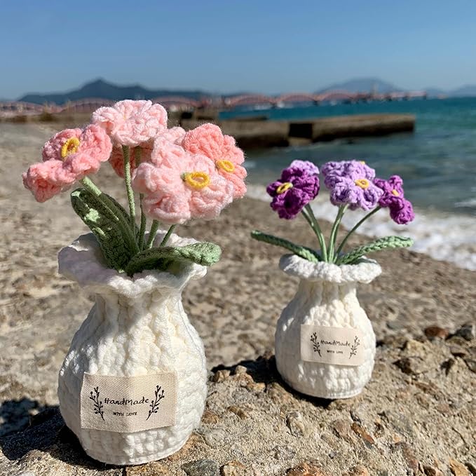 YOOJEE Forget-me-not Crochet Flower Potted Plant Pink - Handmade Desk Decor Valentines Day Gifts for Her Girlfriend Wife Mom Friends Sister Graduation Birthday Wedding Anniversary Home Decoration
