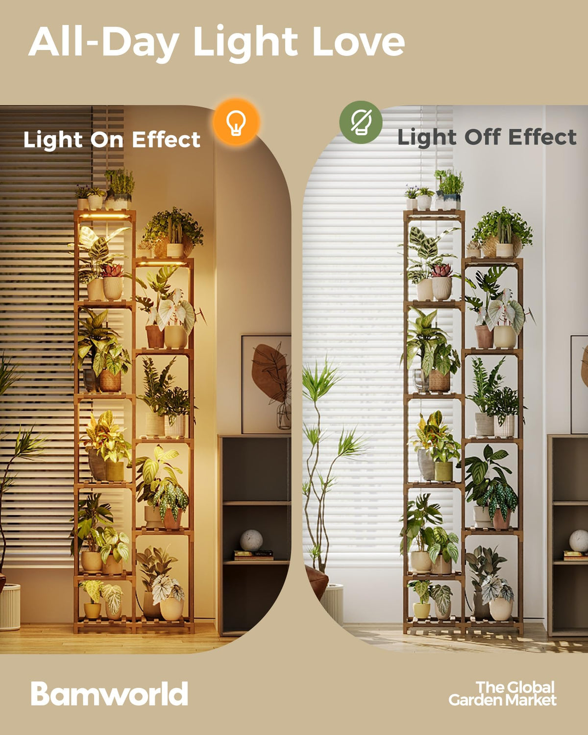 Bamworld Plant Stand with Grow Lights, 11 Tier Tall Large Wood Plant Shelf