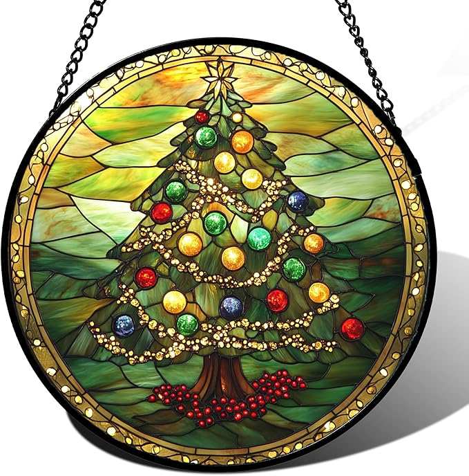 DASTOLL Stained Glass Window Hanging - Green Christmas Tree Gold Ribbon Suncatcher for Doors Home Christmas Decoration Sun Catcher Thanksgiving New Year Birthday Gifts for Women Men Mom Nana 9.8 in