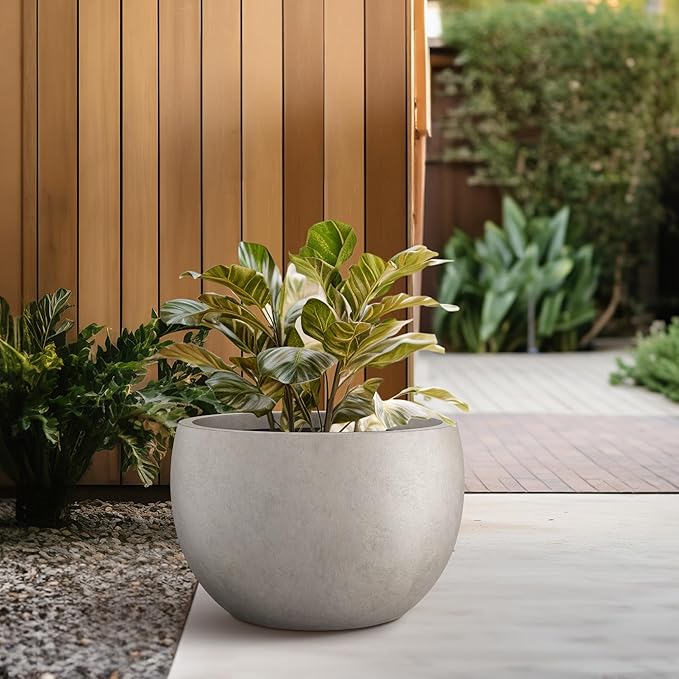 Kante 15.7" Dia Round Concrete Planter, Outdoor/Indoor Large Bowl Plant Pots with Drainage Hole and Rubber Plug for Garden Patio Balcony Home, Weathered Concrete