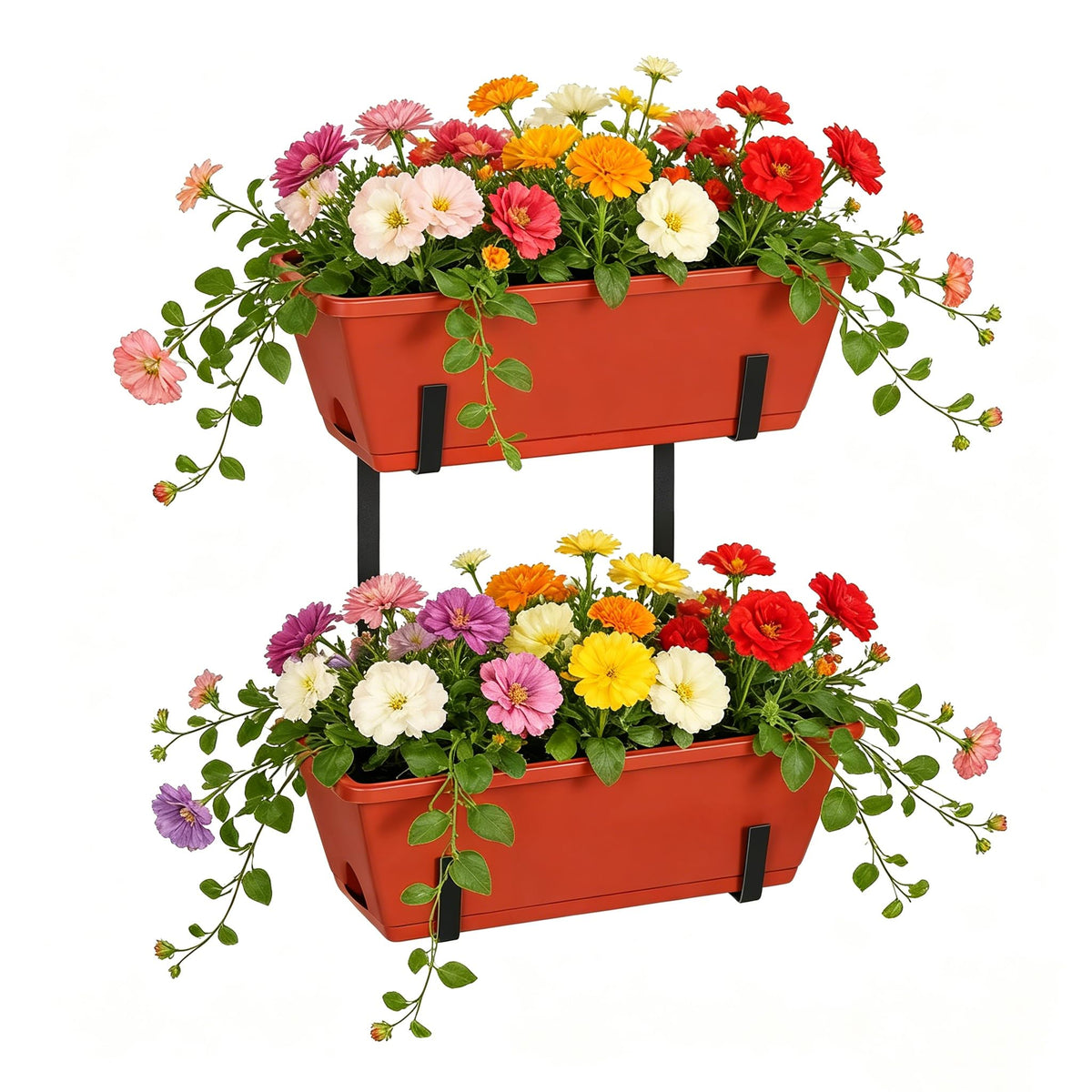 YAHKBTEN Railing Planter Boxes 17 Inches Rectangular Window Box Planters with Flower Box Brackets 2 Tier Adjustable Balcony Planters for Indoor Outdoor Herb Plants Hanging Porch Fence Rail