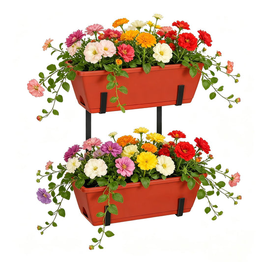 YAHKBTEN Railing Planter Boxes 17 Inches Rectangular Window Box Planters with Flower Box Brackets 2 Tier Adjustable Balcony Planters for Indoor Outdoor Herb Plants Hanging Porch Fence Rail