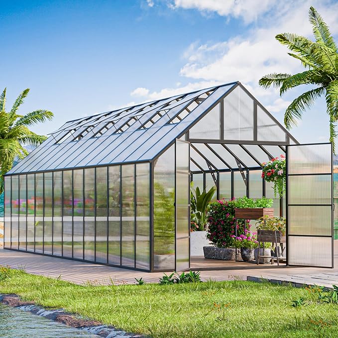 CDCASA 28x10x10 FT Greenhouse for Outdoors, Easy Assembly Large Thicker Aluminum Heavy Duty Polycarbonate Greenhouses Kit w/6 Windows, Outside Sunroom Walk-in Green House for Patio,Backyard