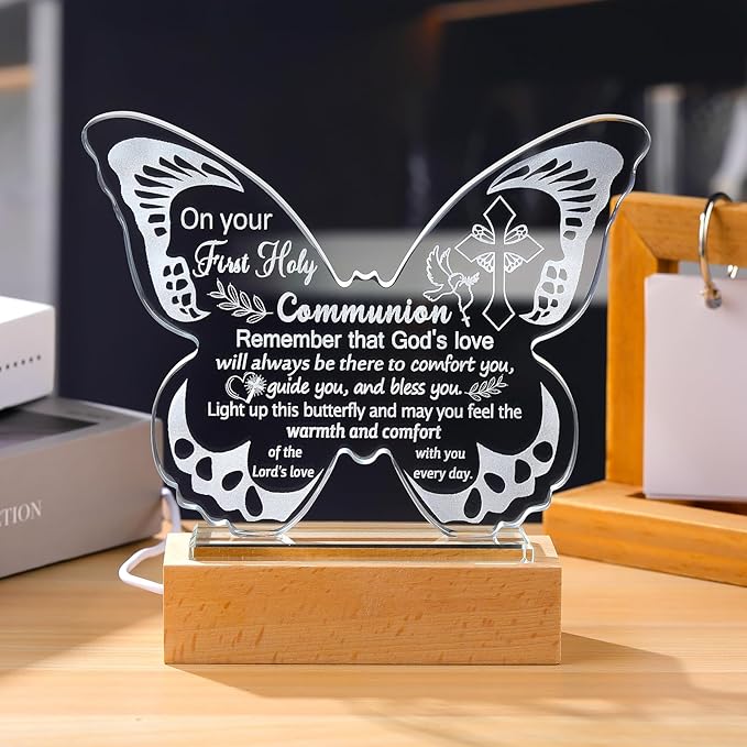 Ornalrist First Holy Communion Gifts for Girls, First Communion Baptism Gifts for Granddaughter Goddaughter, Boys, Teens, Crystal Butterfly Night Light Plaque with Warm Light Base