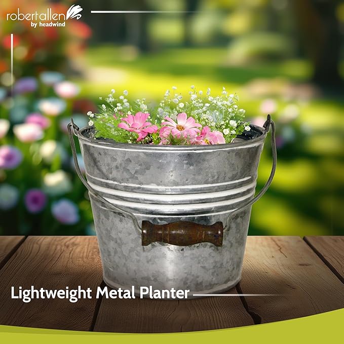 Headwind Vintage Collection - 6 Inch Galvanized w/White Wash Banded Planter with Handles – Galvanized Bucket Planter - Decorative Small Planters for Indoor Plants & Outdoor Use by Robert Allen