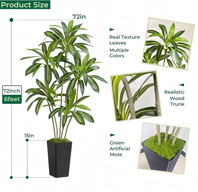 6FT Artificial Dracaena Tree with Black Planter - Real Touch Fake Plant for Home & Office Decor, Faux Yucca Indoor Floor Tree