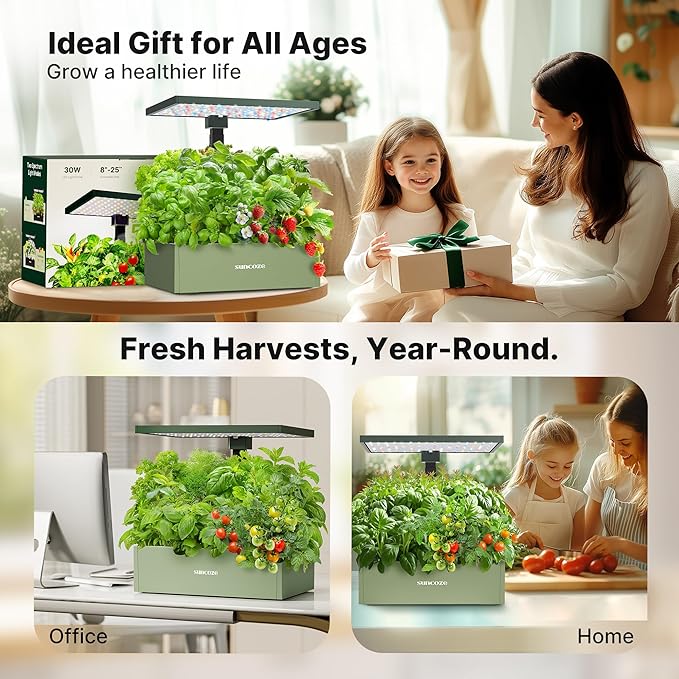SUNCOZE 20 Pods Hydroponics Growing System Kit, Indoor Herb Garden with Grow Light 30W, 10L Large Water Tank with Adjustable Height to 25", Quiet Pump, Gardening Gifts, Green