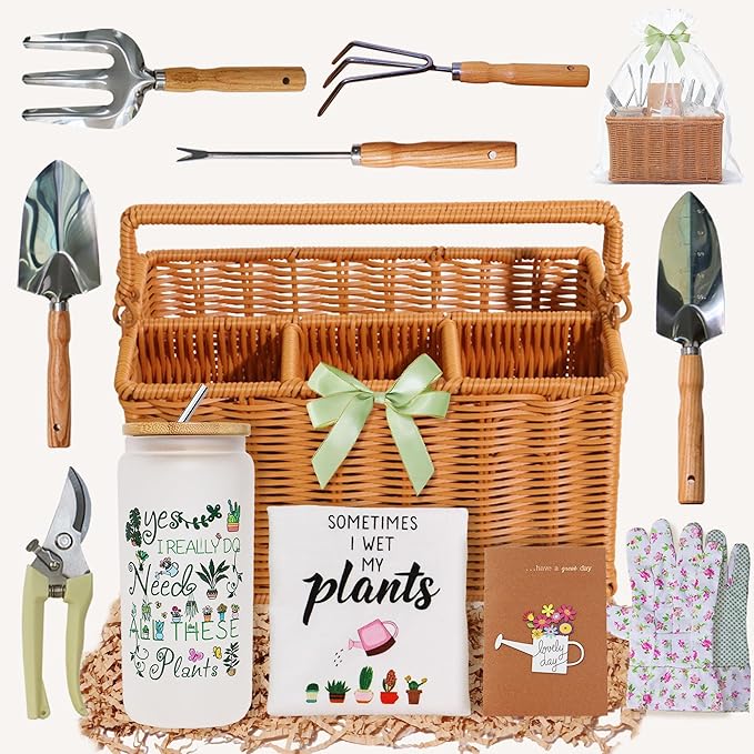 Gardening Gifts for Women 12 Pcs Garden Tools Set with Basket Heavy Duty Gardening Hand Tool with Wood Handle Gardener Lady Plant Lover Gifts Wife Mom Grandma Mothers Day Birthday