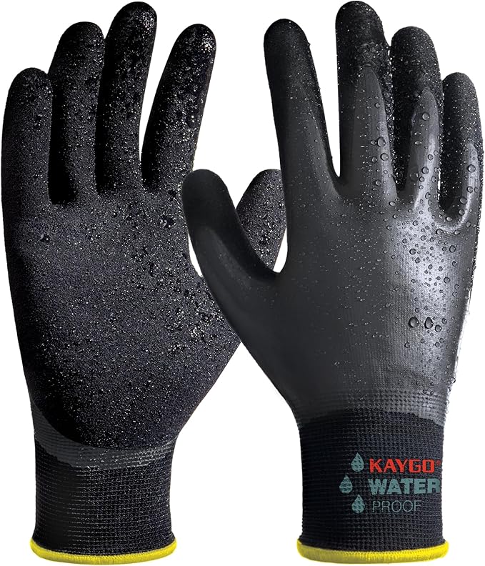 KAYGO Waterproof Work Gloves for Men and Women, Rubber Coated Non-slip Working Gloves for Garden, Outdoor Construction,KG150,Black,L