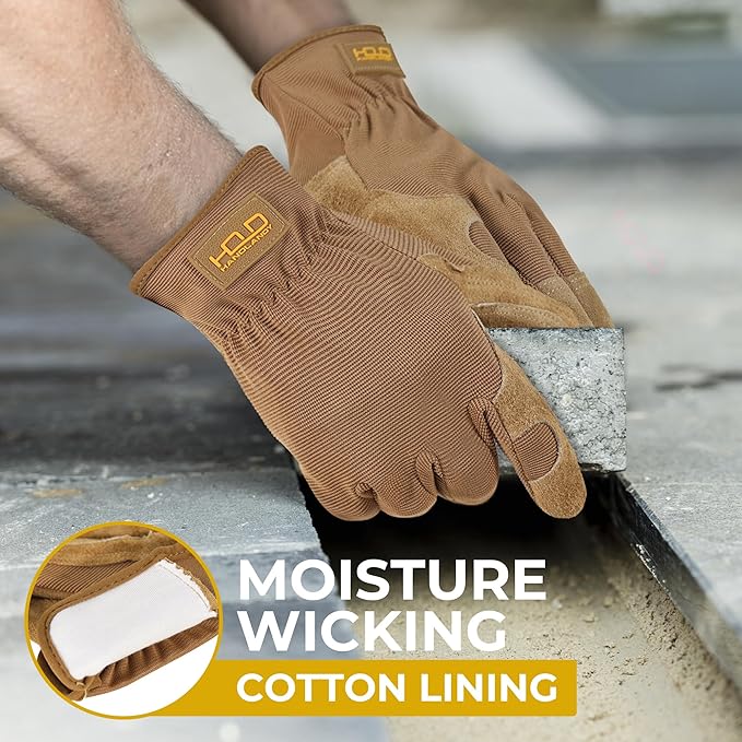 HANDLANDY Men Leather Gardening Gloves, Utility Work Gloves for Mechanics, Construction, Driver