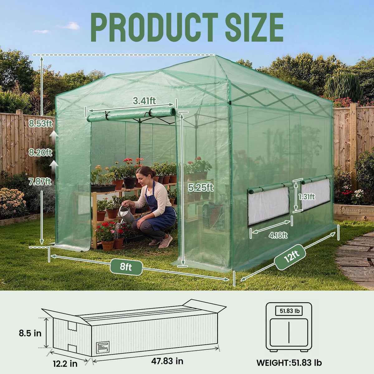 CROWN SHADES 12X8 Pop Up Outdoor Walk-in Portable Greenhouse,Green