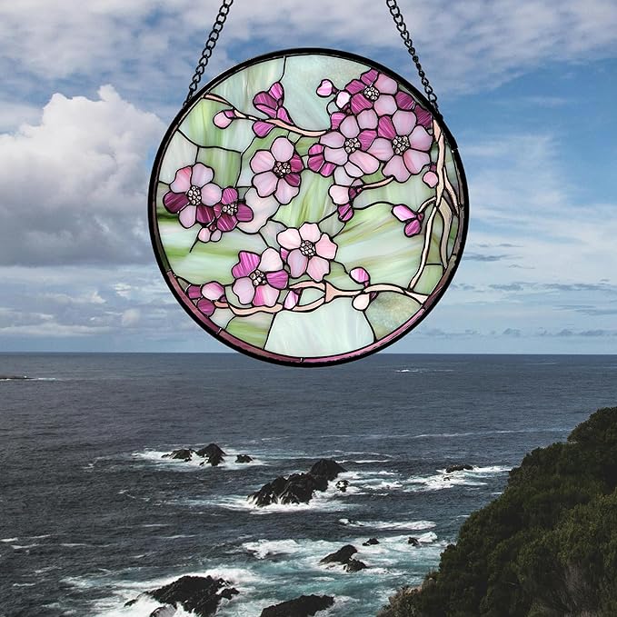 AMDERVEN Stained Glass Window Hanging 4 Pcs Set Tulips Plum Flower Daffodils Hyacinths Large 11.8" - Suncatcher Door Garden Sun Catcher Decor Birthday Mother's Day for Mom Woman Nana