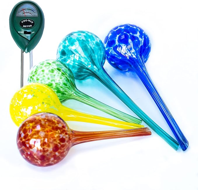 2 Large 3 Small Glass Plant Watering Globes - Plant Watering Devices - Plant Watering Bulbs - Self Watering Spikes - Self Watering Planter Insert - Free Moisture Meter Cotswold Homeware