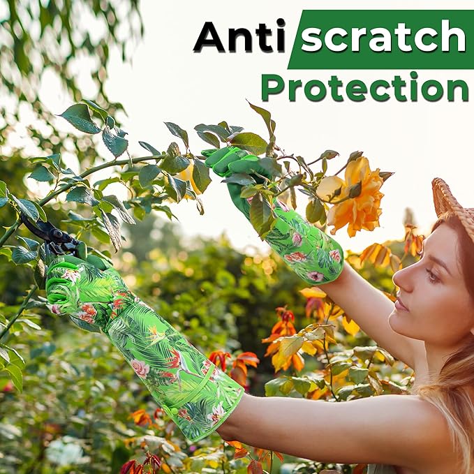 HANDLANDY Women Gardening Gloves, Scratch Resistant Breathable Ladies Rose Pruning Long Gauntlet Floral Print Garden Yard Gloves, Gift for Gardeners (Green, L)