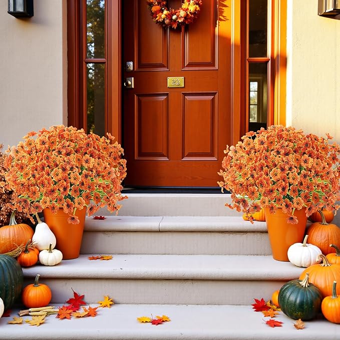 Uieke 16 Bundles Artificial Fall Flowers No Fade Faux Autumn Plants, Fake Indoor Outdoor Greenery for Thanksgiving Table Centerpiece Christmas Wedding Party Home Garden Fireplace Décor (Orange)
