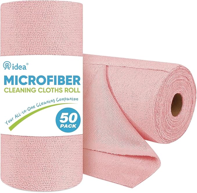 AIDEA Microfiber Cleaning Cloth Roll, 50PK, Tear Away Reusable Paper Towels Pink, Commercial Shop Rags, Microfiber Towels for Cars, Lint Free Cleaning Rags for House, Kitchen, Garage Shop, 11.5"×11.5"