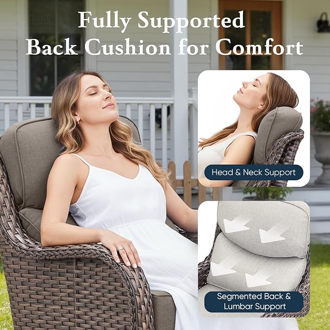 Belord Luxury 6" Thick Cushioned Outdoor Swivel Rocker Patio Chairs Set of 4 with Side Table, High Back Wicker Furniture Set with Ergonomic Zone Back, Conversation Set for Deck Porch - Brown+Beige