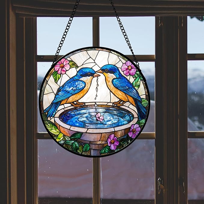 Stained Glass Window Hanging, 2 Blue Birds Suncatcher Diamond Glass Panel Hangings Bird Lover Sun Catchers Decor for Birthday for Women, Men, Wife, Aunt, and Mom 14.9 in