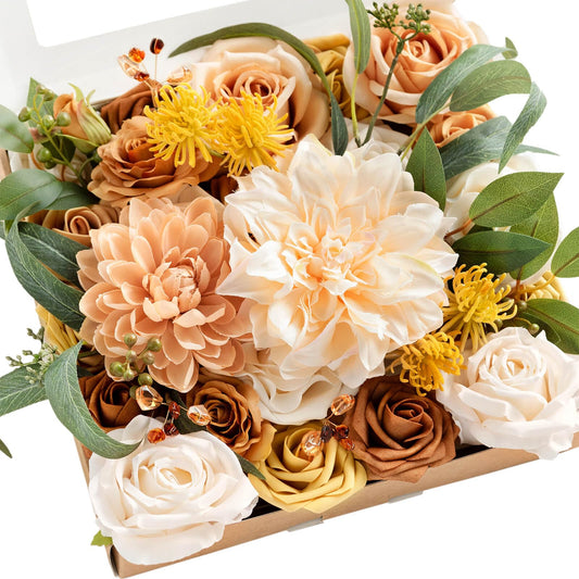 Ling's moment Fake Flowers Box, Cream & Apricot Grand Combo
