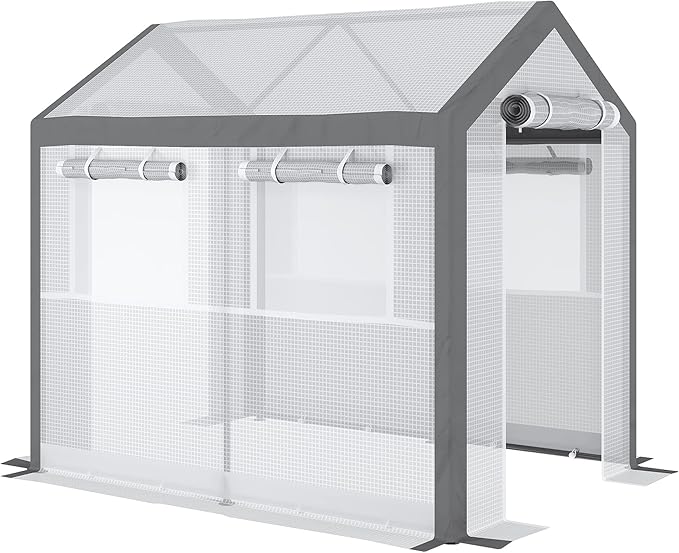 Outsunny 8' x 6' x 7.5' Walk-in Greenhouse, Outdoor Gardening Canopy with 6 Roll-up Windows, 2 Zippered Doors & Weather Cover, White