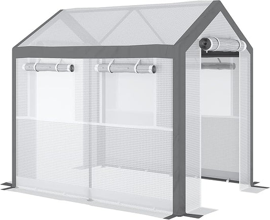 Outsunny 8' x 6' x 7.5' Walk-in Greenhouse, Outdoor Gardening Canopy with 6 Roll-up Windows, 2 Zippered Doors & Weather Cover, White