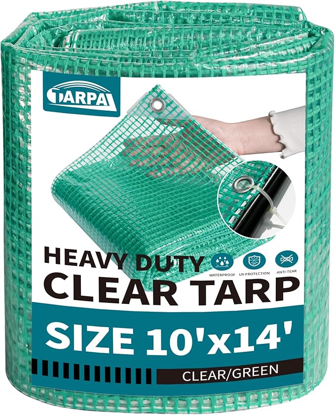 TARPAL 10'x14' Clear Green Tarp Heavy Duty Waterproof 12mil with Grommets or Zip Ties for Large Greenhouses for Outdoors Garden,Farm,Chicken Coops