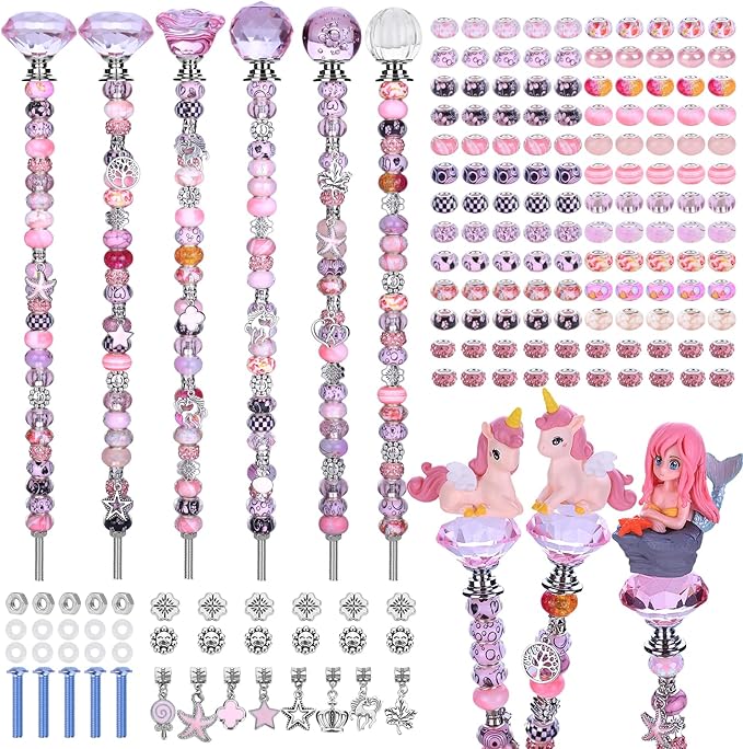 158 Pcs DIY Fairy Wand Garden Stakes Kit,Multiple Color Scheme European Beads Crystal Diamond Tops and 12 or 10 Inch Threaded Rods,Stainless Steel Stakes with Diamond Toppe(Pink)