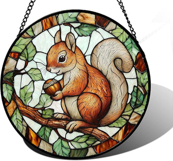 Stained Glass Window Hanging, Squirrel on a Branch Suncatcher Diamond Glass Panel Animal Sun Catchers Decor for Birthday for Women, Men, Wife, Aunt, and Mom 6.3 in
